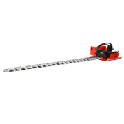 Eterra excavator sickle bar mower, red head with ETERRA decal and hydraulic hoses, reciprocating cutter bar extending to the left