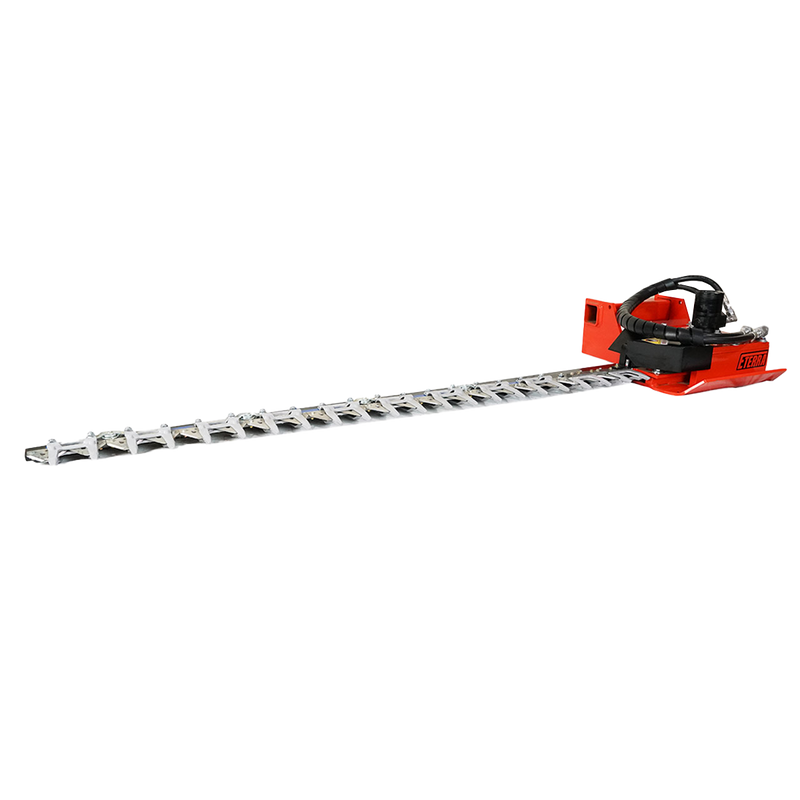 Eterra excavator sickle bar mower, red head with ETERRA decal and hydraulic hoses, reciprocating cutter bar extending to the left