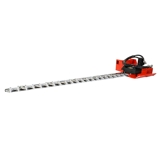 Eterra excavator sickle bar mower, red head with ETERRA decal and hydraulic hoses, reciprocating cutter bar extending to the left