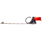Side profile of the Eterra excavator sickle bar mower showing the full cutter bar, the black excavator mounting bracket and the red gearbox head