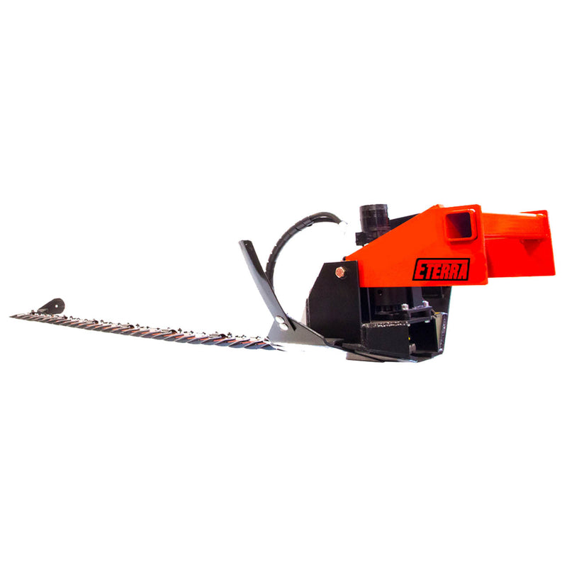 Eterra excavator sickle bar mower head at an angle, ETERRA decal on the red housing, black pin mounting bracket and looped hydraulic hose