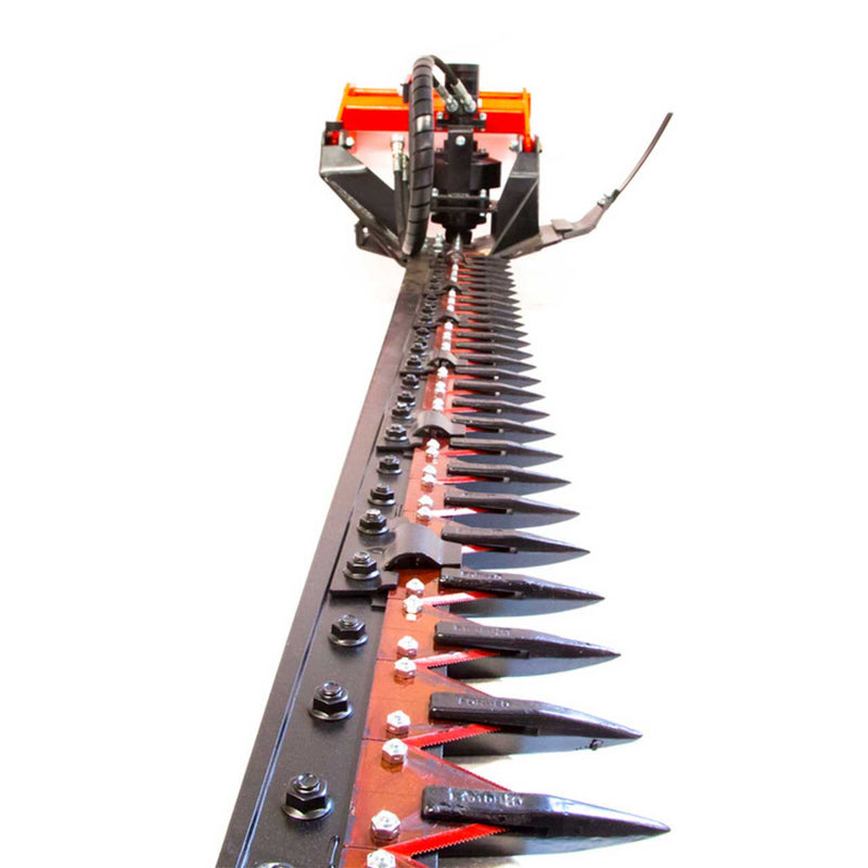 View along the Eterra sickle bar showing the top serrated knife sections and hold-down bolts receding toward the head