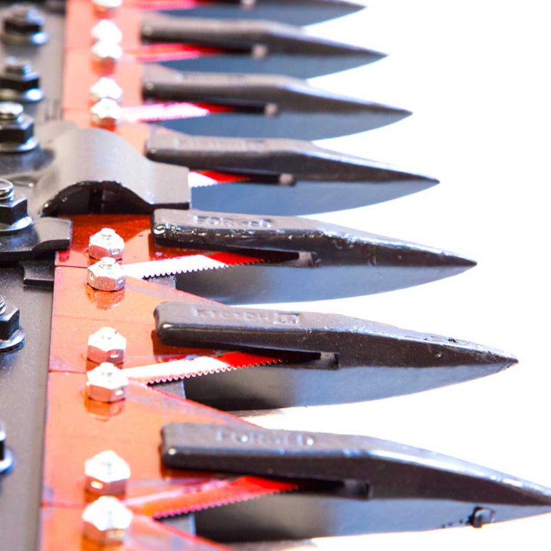 Close view of the Eterra sickle bar cutter, top serrated segments bolted to the red bar