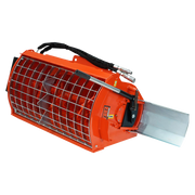 Eterra Hurricane mini skid steer concrete mixer against a white background, showing the orange drum with a steel mesh grate top, the manual discharge lever and the galvanised side discharge chute