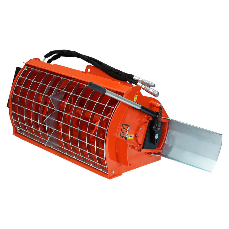 Eterra Hurricane mini skid steer concrete mixer against a white background, showing the orange drum with a steel mesh grate top, the manual discharge lever and the galvanised side discharge chute