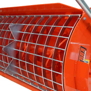 Close-up through the steel mesh grate of the Hurricane mini mixer showing the orange internal mixing auger and paddles