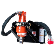Eterra mini skid steer auger drive with orange motor and drive housing on a black mount frame, sleeved hydraulic hoses with red dust caps and an ML2500 decal, against a white background