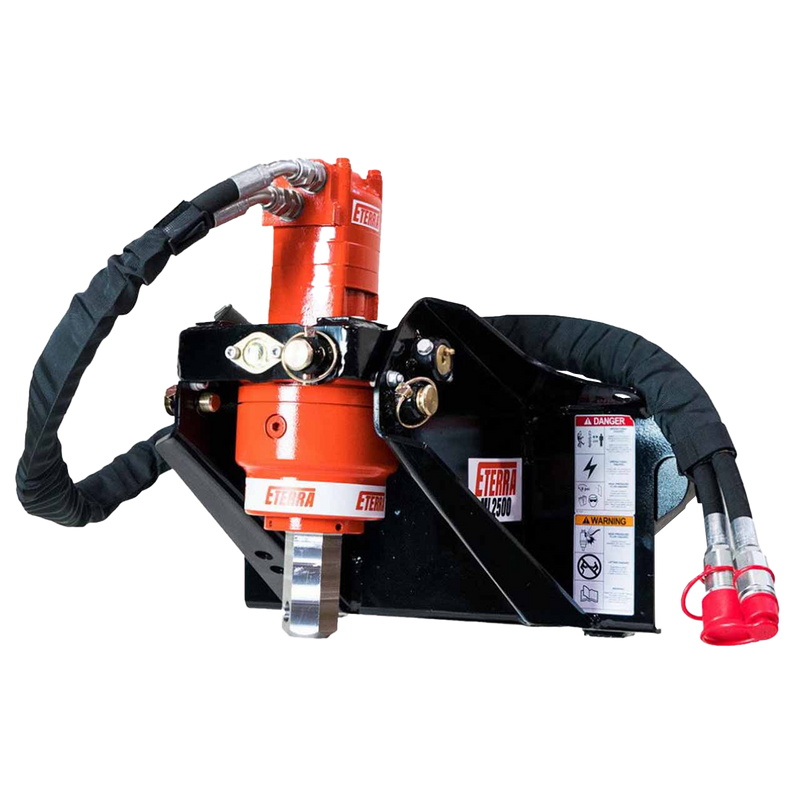 Eterra mini skid steer auger drive with orange motor and drive housing on a black mount frame, sleeved hydraulic hoses with red dust caps and an ML2500 decal, against a white background