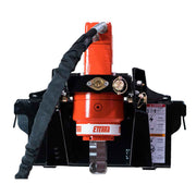Front view of the Eterra mini skid steer auger drive against a white background, showing the orange drive housing, the two-inch hex output shaft and the danger and warning decal panel