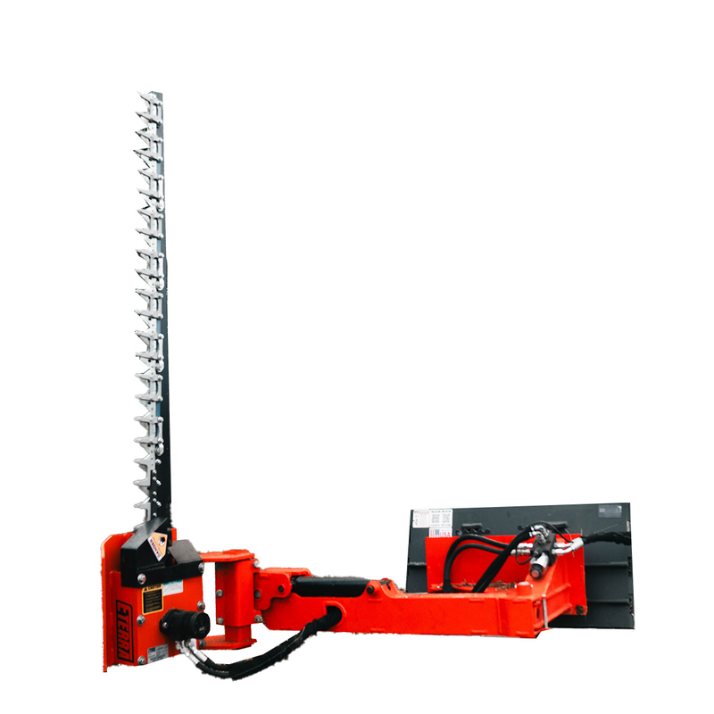 Eterra mini skid steer sickle bar mower against a white background, showing the cutter bar raised vertically, the orange arm and head assembly and the black mini universal mount plate