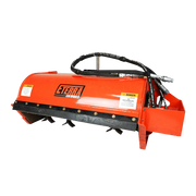 Eterra Sidewinder mini skid steer flail mower against a white background, showing the orange curved housing, the black rubber deflector with Y-knife flails beneath it and the hydraulic hoses