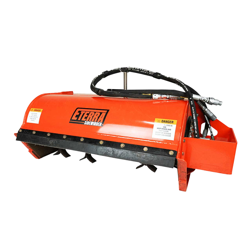Eterra Sidewinder mini skid steer flail mower against a white background, showing the orange curved housing, the black rubber deflector with Y-knife flails beneath it and the hydraulic hoses
