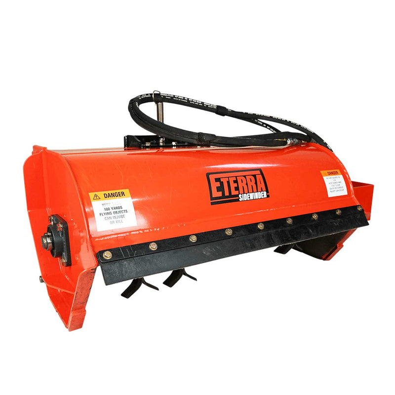 Opposite-side view of the Sidewinder flail mower against a white background, showing the side plate, the roller mount and the danger decals on the orange housing