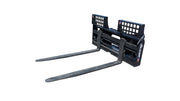 Glacier hydraulic pallet forks in black, showing the mesh backrest frame, two fork blades, and the hydraulic positioning cylinder