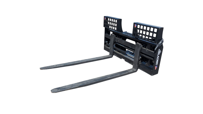 Glacier hydraulic pallet forks in black, showing the mesh backrest frame, two fork blades, and the hydraulic positioning cylinder
