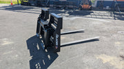 Glacier hydraulic pallet forks on pavement, angled view of the blades and hydraulic frame