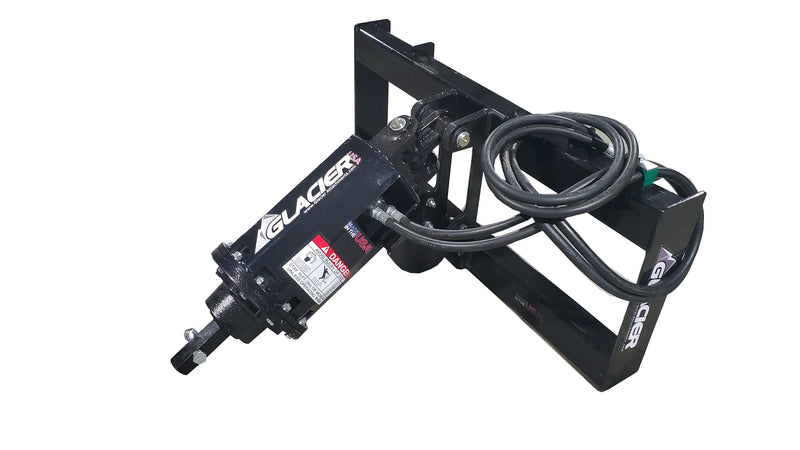 Glacier auger drive, studio view of the planetary drive head, mounting frame, and coiled hydraulic hoses with the hex output shaft forward