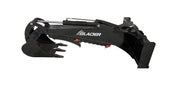 Glacier backhoe attachment, studio side view of the fixed boom, dipper, toothed bucket, and quick-attach mounting frame