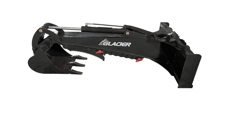 Glacier backhoe attachment, studio side view of the fixed boom, dipper, toothed bucket, and quick-attach mounting frame