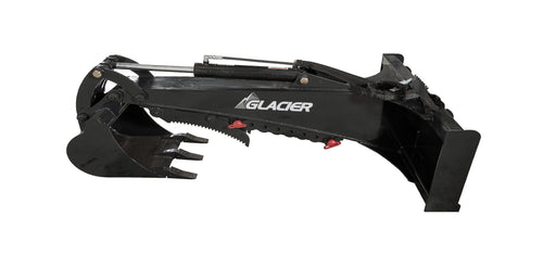 Glacier backhoe attachment, studio side view of the fixed boom, dipper, toothed bucket, and quick-attach mounting frame