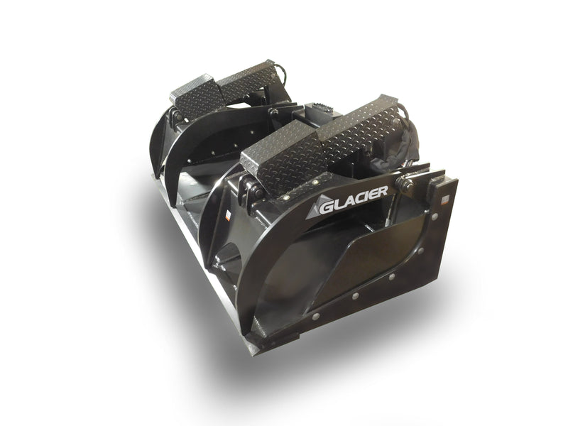 Glacier Extreme grapple bucket in black with diamond-plate clamp lids, angled view of the bucket and clamp