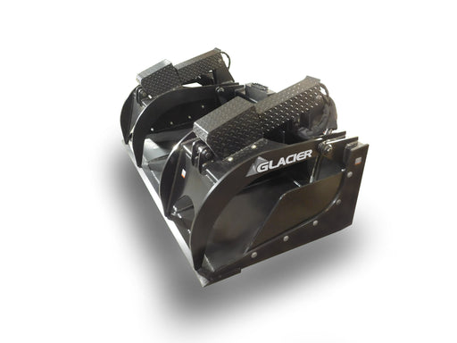 Glacier Extreme grapple bucket in black with diamond-plate clamp lids, angled view of the bucket and clamp