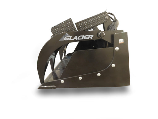 Glacier Extreme grapple bucket, side three-quarter view with the clamp open above the bucket