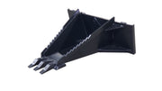 Glacier Extreme stump bucket in black, angled view showing the V-shaped body, serrated top edge, and excavator-style teeth