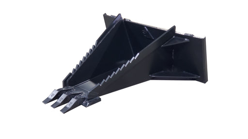 Glacier Extreme stump bucket in black, angled view showing the V-shaped body, serrated top edge, and excavator-style teeth