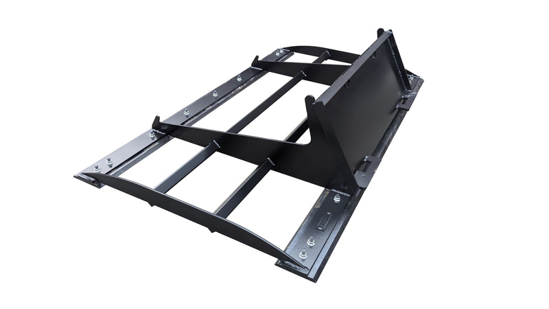 Glacier land plane, studio view of the open frame with parallel grading bars, dual cutting edges, and quick-attach plate
