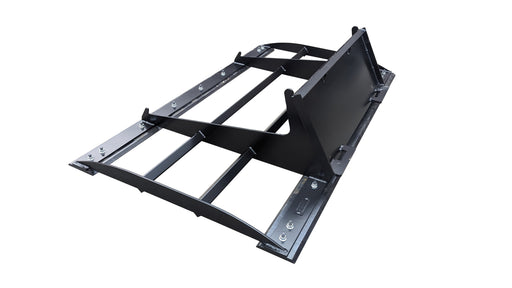 Glacier land plane, studio view of the open frame with parallel grading bars, dual cutting edges, and quick-attach plate