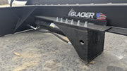 Close view of the Glacier log splitter beam, bolted plate, cylinder, and toothed edge