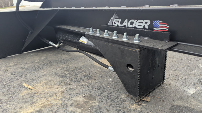 Close view of the Glacier log splitter beam, bolted plate, cylinder, and toothed edge