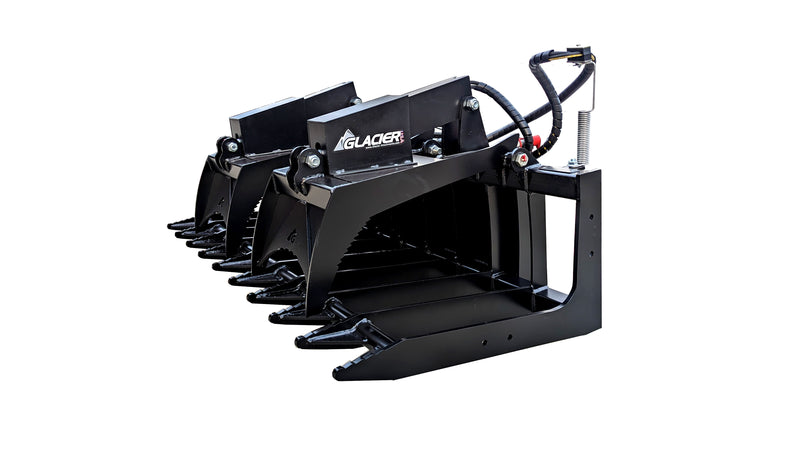 Glacier heavy root and brush grapple in black, showing the thick forestry tines and top clamp with guarded cylinders