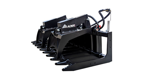 Glacier heavy root and brush grapple in black, showing the thick forestry tines and top clamp with guarded cylinders