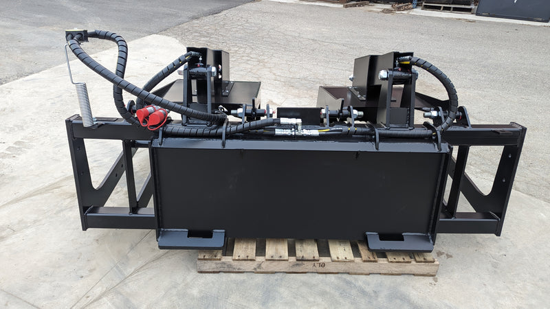 Glacier root and brush grapple seen from behind, showing the mount frame, cylinders and hose routing