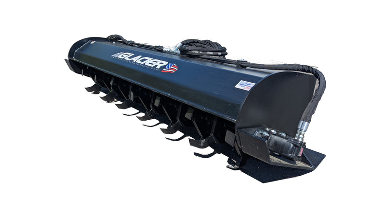 Glacier rotary tiller, studio three-quarter view showing the tine rotor, hood, side plate, and hydraulic motor