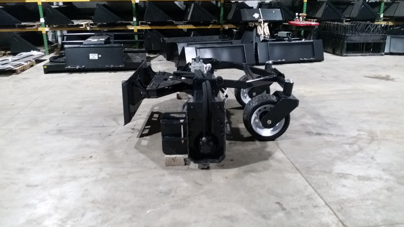 Glacier soil conditioner in a warehouse, rear view showing the drum housing, the gauge wheels and the mount frame
