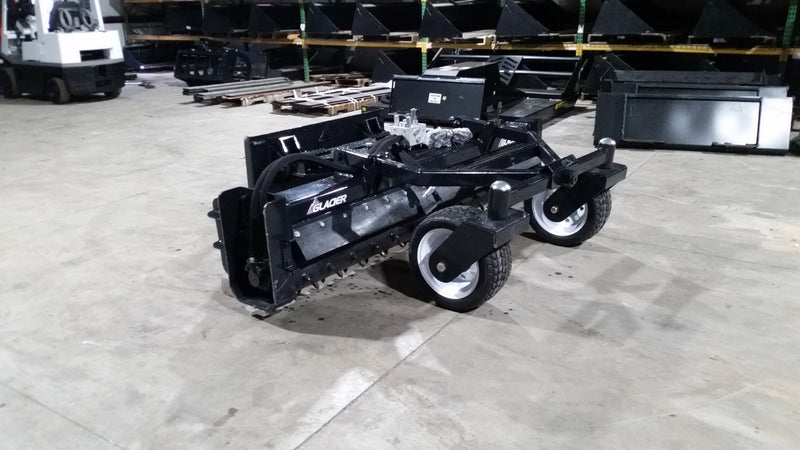 Glacier soil conditioner, three-quarter view showing the drum, the caster wheels and the drive housing