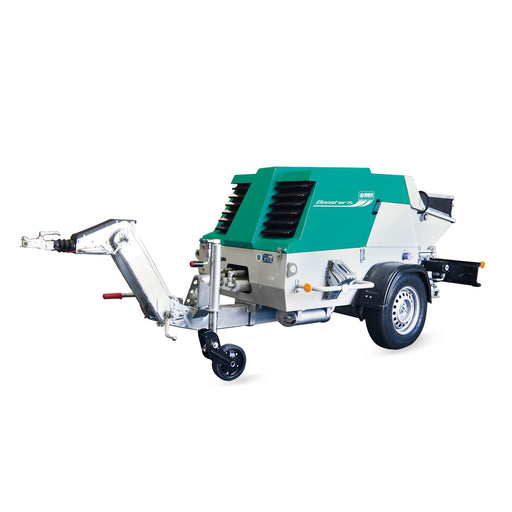 IMER Booster 20 towable diesel concrete piston pump, front view of the hopper and pumping unit