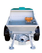 IMER Booster 20 towable diesel concrete piston pump, rear view with the outlet piping