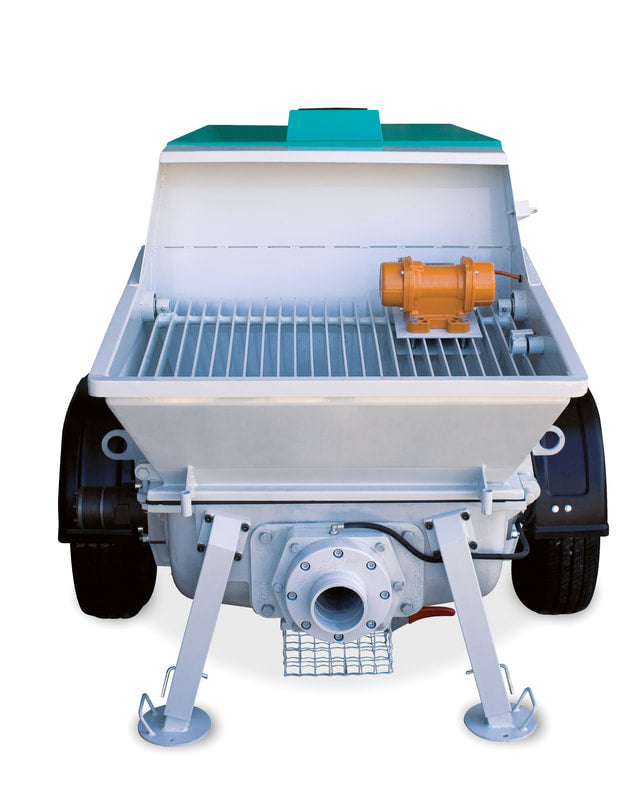 IMER Booster 20 towable diesel concrete piston pump, rear view with the outlet piping