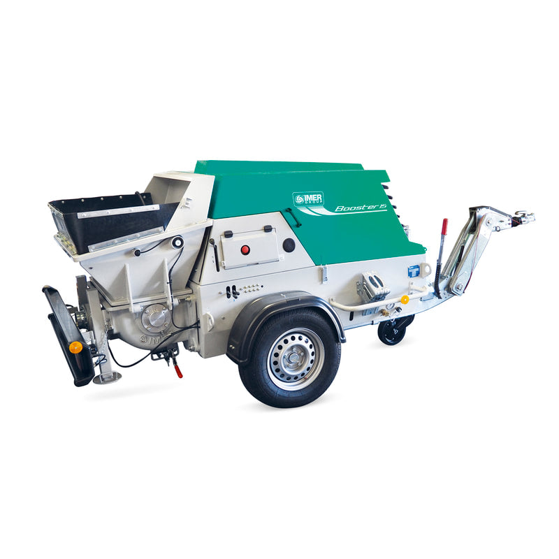 IMER Booster 20 towable diesel concrete piston pump, side view of the hopper and pumping unit