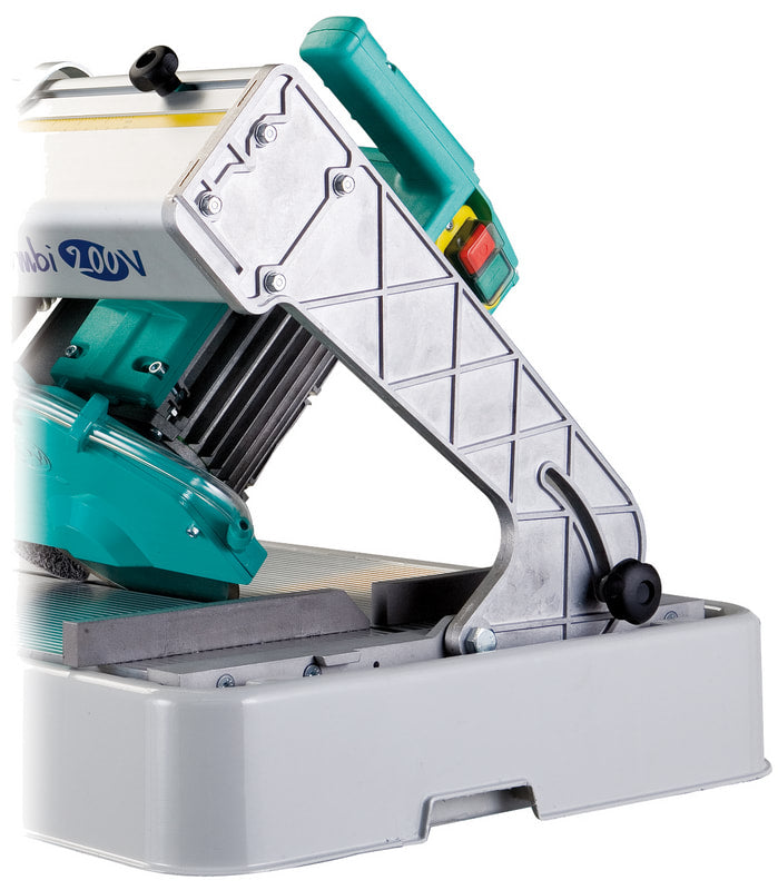 IMER Combicut 200VA overhead rail tile saw, cutting head tilted for miter cuts