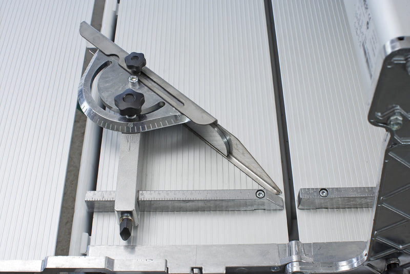 IMER Combicut 200VA overhead rail tile saw, protractor angle guide on the cutting table