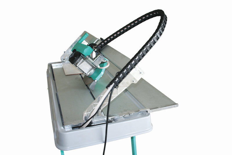 IMER Combicut 250/1000VA overhead rail tile saw, cutting head tilted for miter cuts