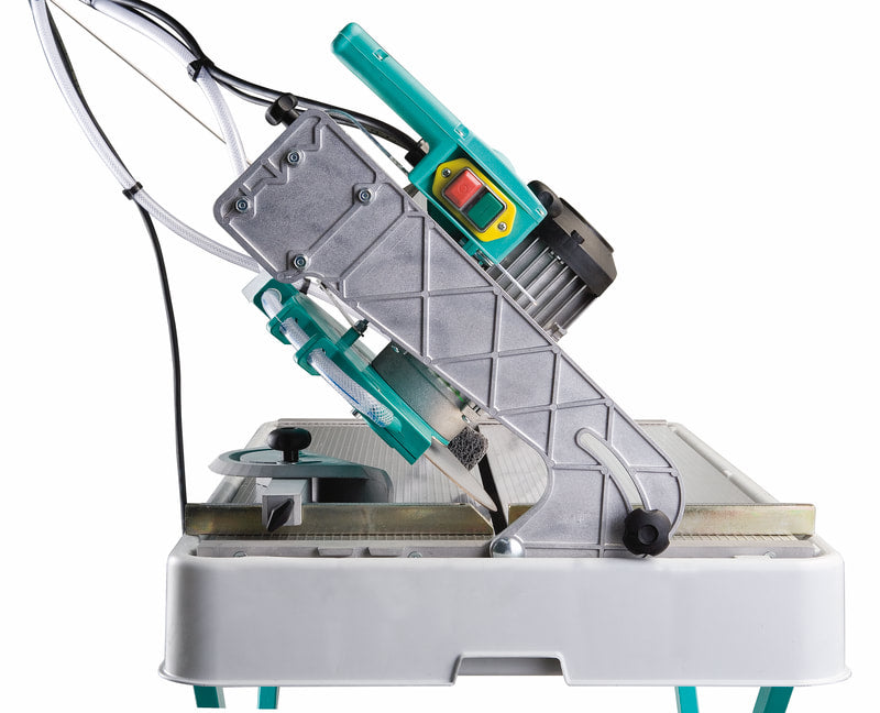 IMER Combicut 250VA overhead rail tile saw, cutting head tilted for miter cuts