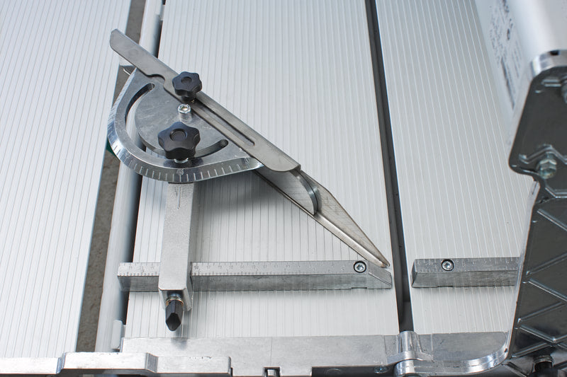 IMER Combicut 250VA overhead rail tile saw, protractor angle guide on the cutting table