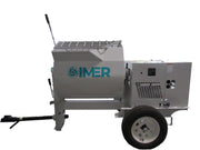 IMER HSM 12 towable mortar mixer, side view showing the paddle drum and discharge chute
