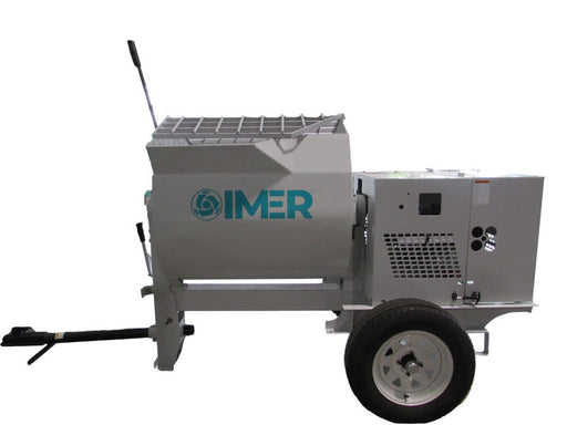 IMER HSM 12 towable mortar mixer, side view showing the paddle drum and discharge chute